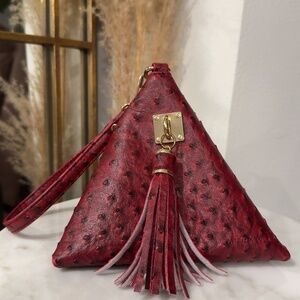 Patrizia Luca Red Ostrich Faux Leather Triangle Wristlet Clutch Handbag Purse